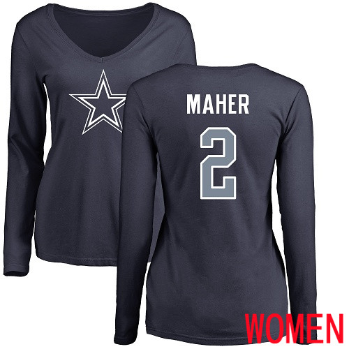 Women Dallas Cowboys Navy Blue Brett Maher Name and Number Logo Slim Fit #2 Long Sleeve Nike NFL T Shirt->nfl t-shirts->Sports Accessory